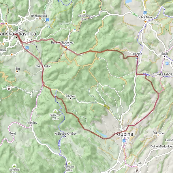 Mapa miniatúra "Gravel okruh cez Banskú Štiavnicu" cyklistická inšpirácia v Stredné Slovensko, Slovakia. Vygenerované cyklistickým plánovačom trás Tarmacs.app