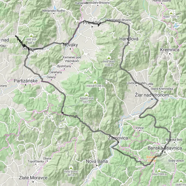 Miniatura mapy "Wyzwanie górskie od Banská Štiavnica do Prievidza" - trasy rowerowej w Stredné Slovensko, Slovakia. Wygenerowane przez planer tras rowerowych Tarmacs.app