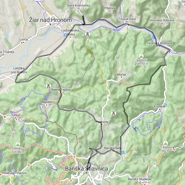 Map miniature of "Banská Štiavnica and the Surrounding Hills" cycling inspiration in Stredné Slovensko, Slovakia. Generated by Tarmacs.app cycling route planner