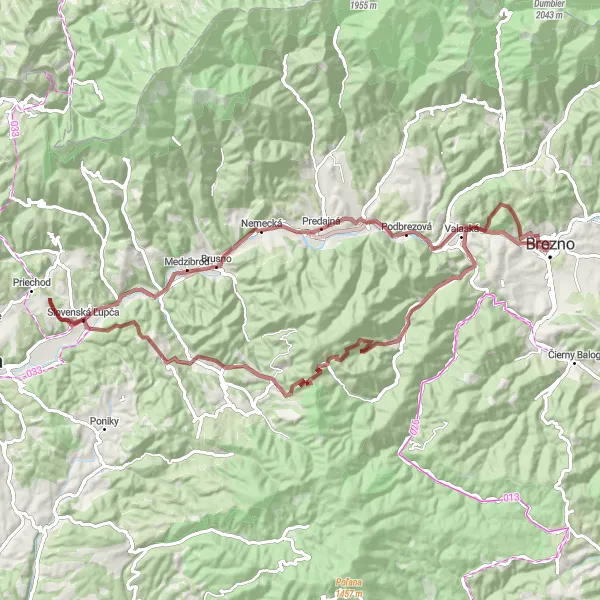 Miniaturní mapa "Gravel Trasa - Hrb a Belohrad" inspirace pro cyklisty v oblasti Stredné Slovensko, Slovakia. Vytvořeno pomocí plánovače tras Tarmacs.app