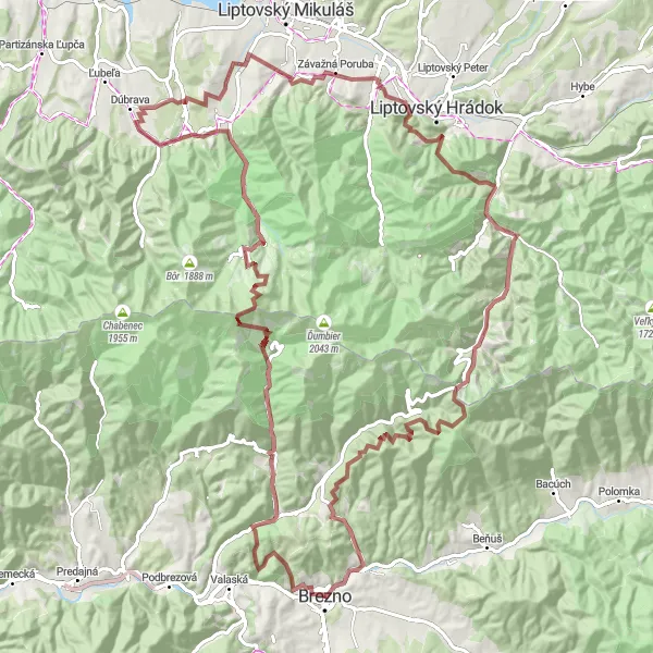 Miniaturní mapa "Gravelová trasa z Brezna" inspirace pro cyklisty v oblasti Stredné Slovensko, Slovakia. Vytvořeno pomocí plánovače tras Tarmacs.app