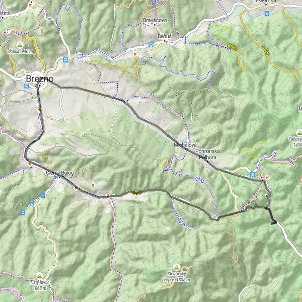 Map miniature of "Pustý vrch Loop" cycling inspiration in Stredné Slovensko, Slovakia. Generated by Tarmacs.app cycling route planner