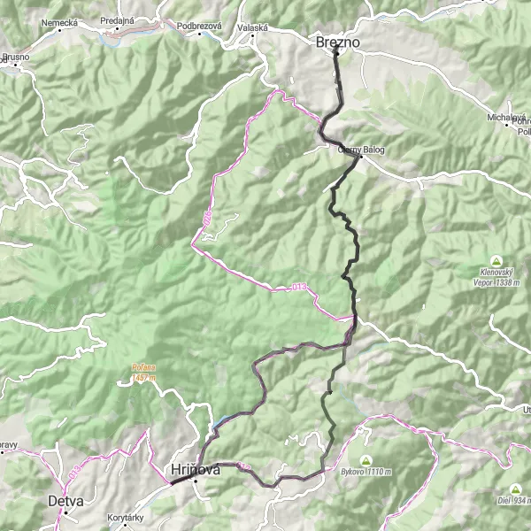 Map miniature of "Krížne Exploration" cycling inspiration in Stredné Slovensko, Slovakia. Generated by Tarmacs.app cycling route planner
