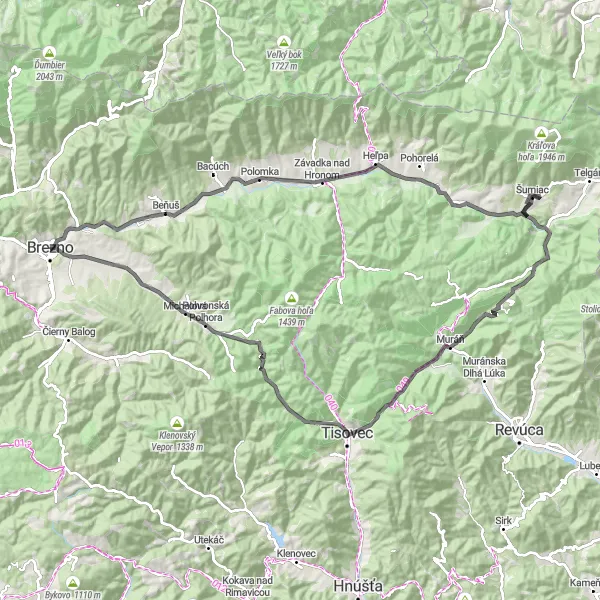 Miniaturní mapa "Silniční okruh z Brezna" inspirace pro cyklisty v oblasti Stredné Slovensko, Slovakia. Vytvořeno pomocí plánovače tras Tarmacs.app