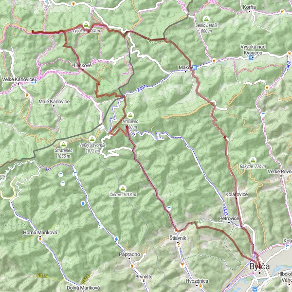 Map miniature of "Challenging gravel adventure through Beskids" cycling inspiration in Stredné Slovensko, Slovakia. Generated by Tarmacs.app cycling route planner