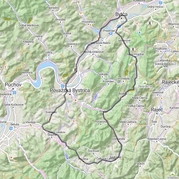 Map miniature of "Bytča to Súľovské skaly road loop" cycling inspiration in Stredné Slovensko, Slovakia. Generated by Tarmacs.app cycling route planner