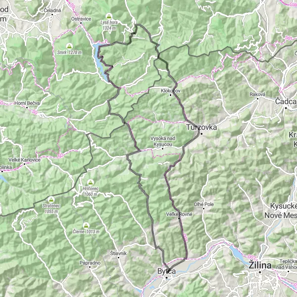 Map miniature of "Hills and Villages" cycling inspiration in Stredné Slovensko, Slovakia. Generated by Tarmacs.app cycling route planner