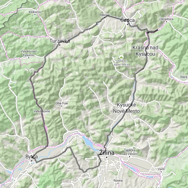 Map miniature of "Bytča to Hlboké nad Váhom road loop" cycling inspiration in Stredné Slovensko, Slovakia. Generated by Tarmacs.app cycling route planner