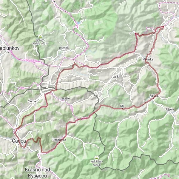 Mapa miniatúra "Gravelový okruh cez Poľanu a Sól" cyklistická inšpirácia v Stredné Slovensko, Slovakia. Vygenerované cyklistickým plánovačom trás Tarmacs.app