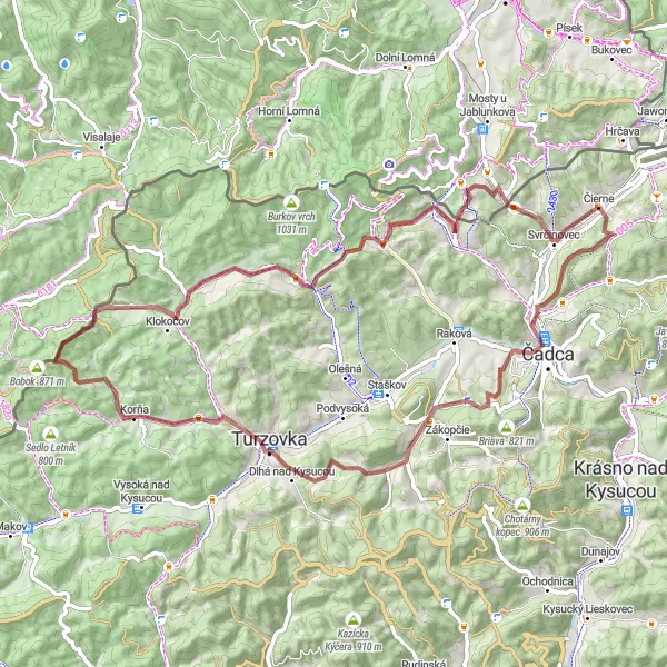 Map miniature of "Čadca and Sagatka Gravel Adventure" cycling inspiration in Stredné Slovensko, Slovakia. Generated by Tarmacs.app cycling route planner