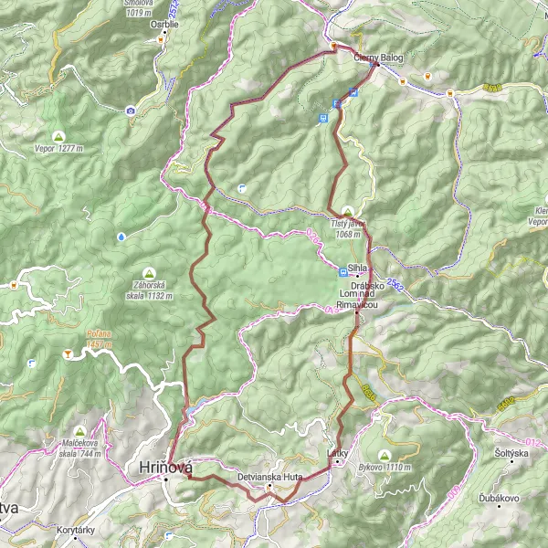 Map miniature of "Tlstý javor and Detvianska Huta Gravel Adventure" cycling inspiration in Stredné Slovensko, Slovakia. Generated by Tarmacs.app cycling route planner