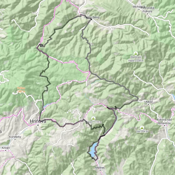 Map miniature of "Nature's Wonderland Route" cycling inspiration in Stredné Slovensko, Slovakia. Generated by Tarmacs.app cycling route planner