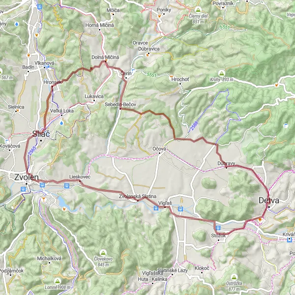 Mapa miniatúra "Gravelová cesta Detva - Hronsek" cyklistická inšpirácia v Stredné Slovensko, Slovakia. Vygenerované cyklistickým plánovačom trás Tarmacs.app