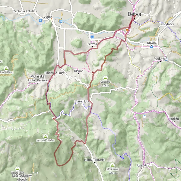 Map miniature of "Detvianska brána Loop" cycling inspiration in Stredné Slovensko, Slovakia. Generated by Tarmacs.app cycling route planner