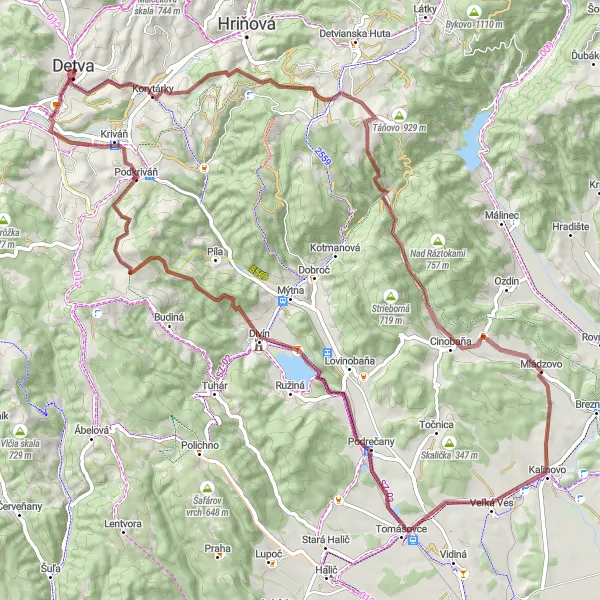Map miniature of "Surovina and Javor Gravel Loop" cycling inspiration in Stredné Slovensko, Slovakia. Generated by Tarmacs.app cycling route planner