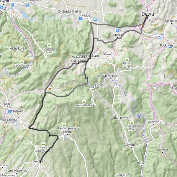 Mapa miniatúra "Okolo Detvy a okolitých vrchov" cyklistická inšpirácia v Stredné Slovensko, Slovakia. Vygenerované cyklistickým plánovačom trás Tarmacs.app