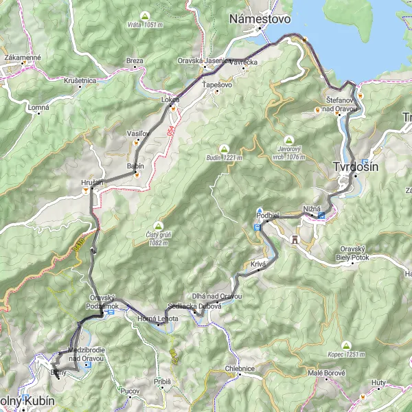 Miniaturní mapa "Okružní cyklistická trasa od Dolného Kubína" inspirace pro cyklisty v oblasti Stredné Slovensko, Slovakia. Vytvořeno pomocí plánovače tras Tarmacs.app