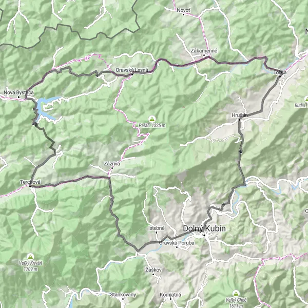 Map miniature of "Orava Loop Road Cycling Route" cycling inspiration in Stredné Slovensko, Slovakia. Generated by Tarmacs.app cycling route planner