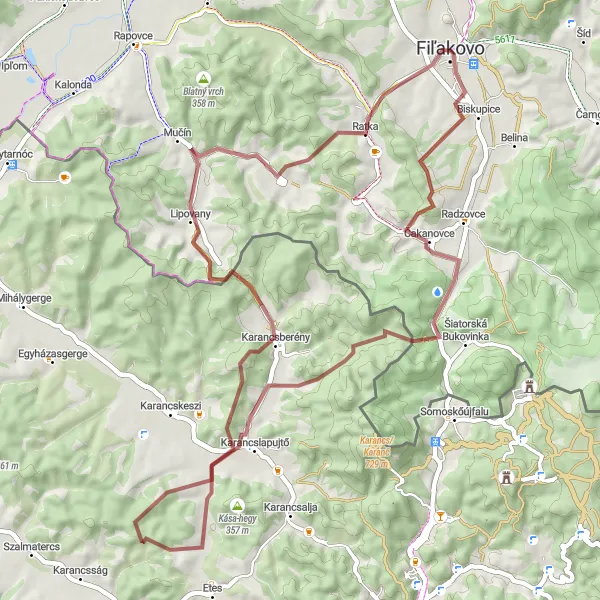 Mapa miniatúra "Gravelová cesta okolo Fiľakova" cyklistická inšpirácia v Stredné Slovensko, Slovakia. Vygenerované cyklistickým plánovačom trás Tarmacs.app