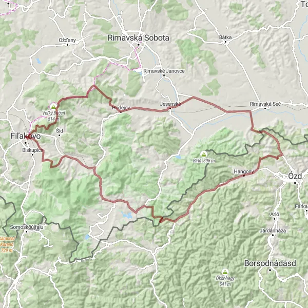 Miniaturní mapa "Gravelová trasa okolo Fiľakova" inspirace pro cyklisty v oblasti Stredné Slovensko, Slovakia. Vytvořeno pomocí plánovače tras Tarmacs.app