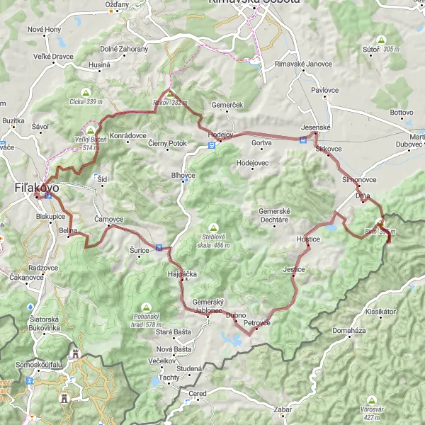 Miniaturní mapa "Gravelová cesta kolem Fiľakova" inspirace pro cyklisty v oblasti Stredné Slovensko, Slovakia. Vytvořeno pomocí plánovače tras Tarmacs.app