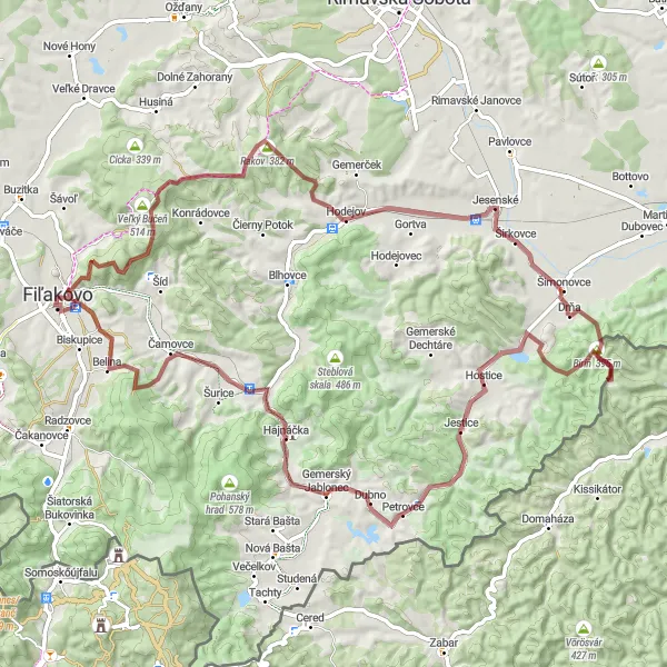 Mapa miniatúra "Gravelová cyklotrasa z Fiľakova do Beliny" cyklistická inšpirácia v Stredné Slovensko, Slovakia. Vygenerované cyklistickým plánovačom trás Tarmacs.app