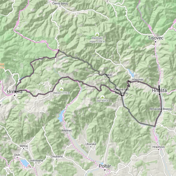 Map miniature of "Rimavská Baňa Epic Ride" cycling inspiration in Stredné Slovensko, Slovakia. Generated by Tarmacs.app cycling route planner