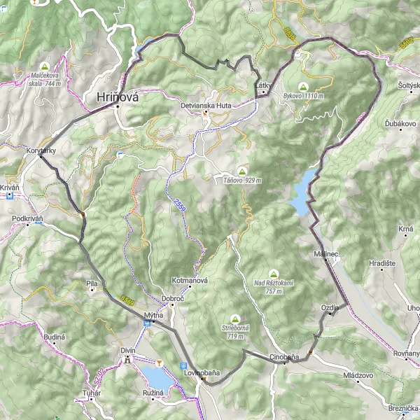Map miniature of "Road Cycling Route across Hriňová" cycling inspiration in Stredné Slovensko, Slovakia. Generated by Tarmacs.app cycling route planner