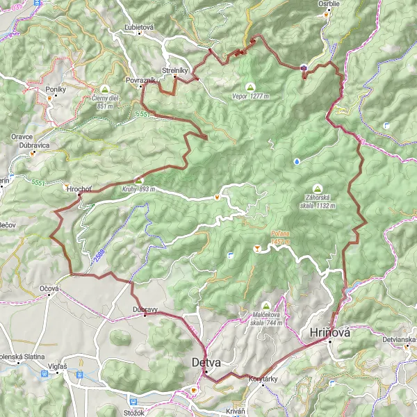 Miniaturní mapa "Gravel Route Vysoká pec Tri Vody Excursion" inspirace pro cyklisty v oblasti Stredné Slovensko, Slovakia. Vytvořeno pomocí plánovače tras Tarmacs.app