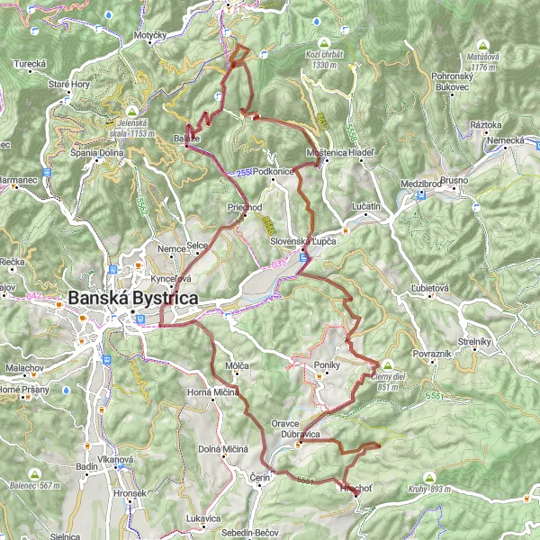 Miniaturní mapa "Gravelová cyklotrasa skrz střední Slovensko" inspirace pro cyklisty v oblasti Stredné Slovensko, Slovakia. Vytvořeno pomocí plánovače tras Tarmacs.app