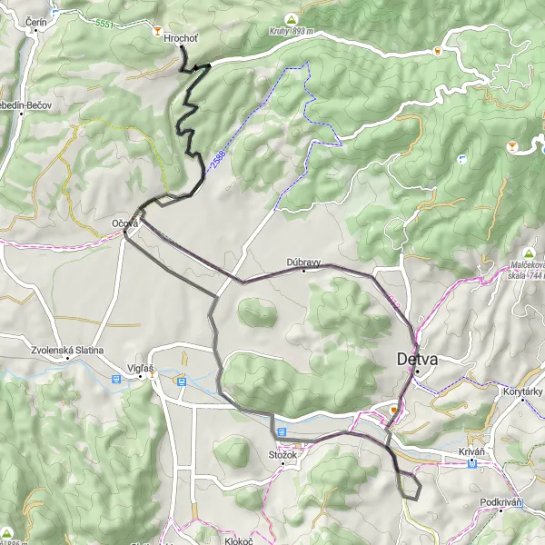 Miniaturní mapa "Cyklistický okruh kolem Hrochoť" inspirace pro cyklisty v oblasti Stredné Slovensko, Slovakia. Vytvořeno pomocí plánovače tras Tarmacs.app