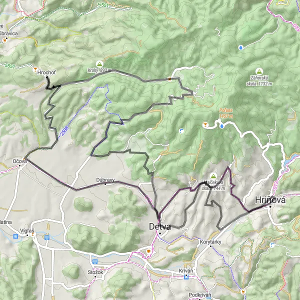 Map miniature of "The Road to Hrochoť" cycling inspiration in Stredné Slovensko, Slovakia. Generated by Tarmacs.app cycling route planner