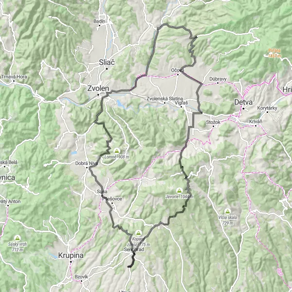 Map miniature of "Mountainous Beauty" cycling inspiration in Stredné Slovensko, Slovakia. Generated by Tarmacs.app cycling route planner