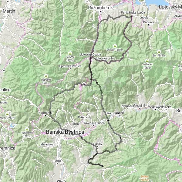 Map miniature of "High Altitude Challenge" cycling inspiration in Stredné Slovensko, Slovakia. Generated by Tarmacs.app cycling route planner