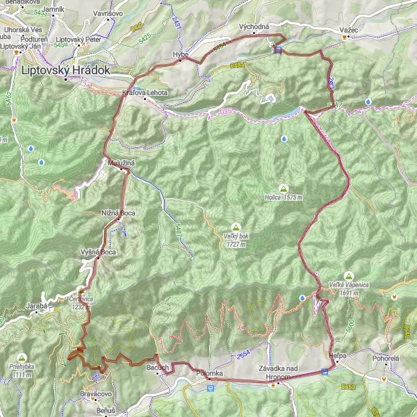 Map miniature of "Hybe Gravel Adventure" cycling inspiration in Stredné Slovensko, Slovakia. Generated by Tarmacs.app cycling route planner