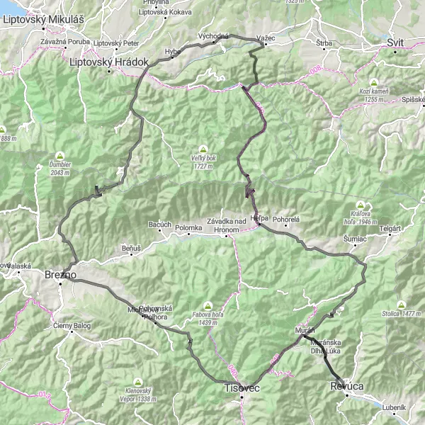 Map miniature of "Hybe to Čertovica Loop" cycling inspiration in Stredné Slovensko, Slovakia. Generated by Tarmacs.app cycling route planner