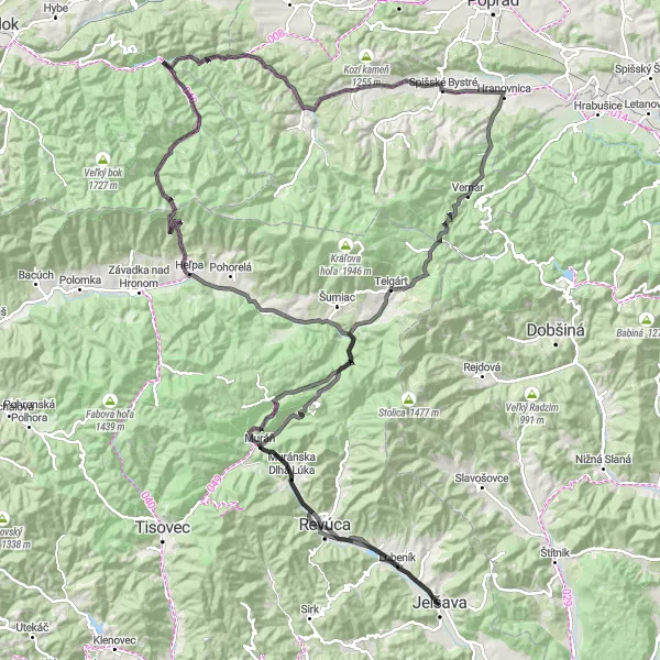 Map miniature of "Mokrá Lúka Circuit" cycling inspiration in Stredné Slovensko, Slovakia. Generated by Tarmacs.app cycling route planner