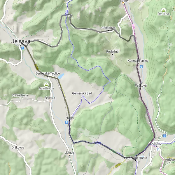 Map miniature of "Jelšava Loop" cycling inspiration in Stredné Slovensko, Slovakia. Generated by Tarmacs.app cycling route planner