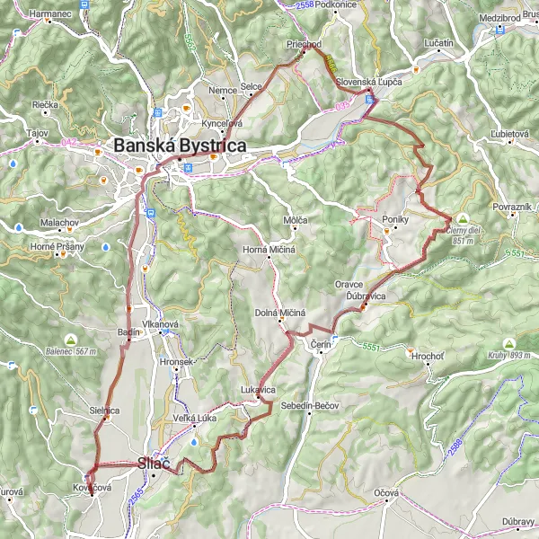 Mapa miniatúra "Gravelová cesta cez okolie Kováčovej" cyklistická inšpirácia v Stredné Slovensko, Slovakia. Vygenerované cyklistickým plánovačom trás Tarmacs.app