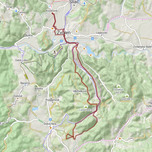 Map miniature of "Scenic Gravel Ride to Zvolen" cycling inspiration in Stredné Slovensko, Slovakia. Generated by Tarmacs.app cycling route planner