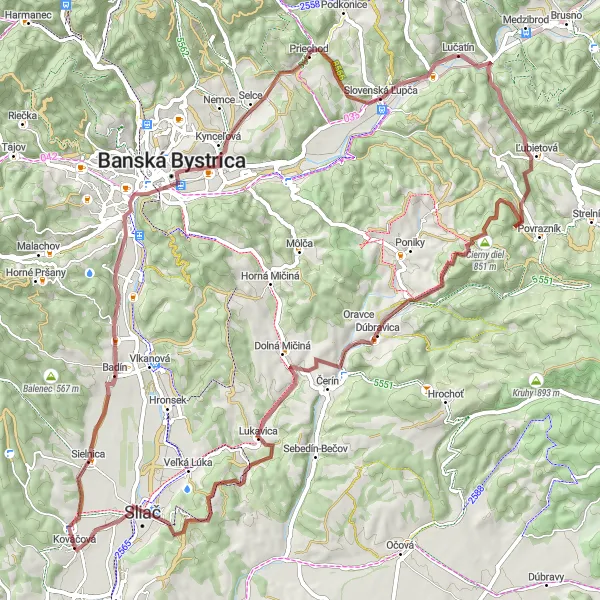 Map miniature of "Gravel Route through Urpín and Čierny diel" cycling inspiration in Stredné Slovensko, Slovakia. Generated by Tarmacs.app cycling route planner