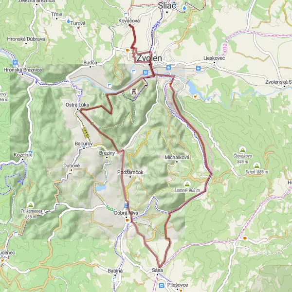 Map miniature of "Gravel Route through Zvolen and Pustý vrch" cycling inspiration in Stredné Slovensko, Slovakia. Generated by Tarmacs.app cycling route planner