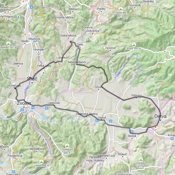 Map miniature of "Zvolen Loop from Kováčová" cycling inspiration in Stredné Slovensko, Slovakia. Generated by Tarmacs.app cycling route planner