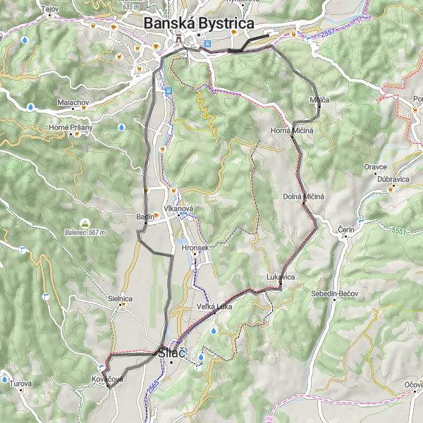 Map miniature of "Road Route to Badín and Horná Mičiná" cycling inspiration in Stredné Slovensko, Slovakia. Generated by Tarmacs.app cycling route planner