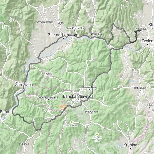 Map miniature of "Kováčová to Žarnovica Loop" cycling inspiration in Stredné Slovensko, Slovakia. Generated by Tarmacs.app cycling route planner