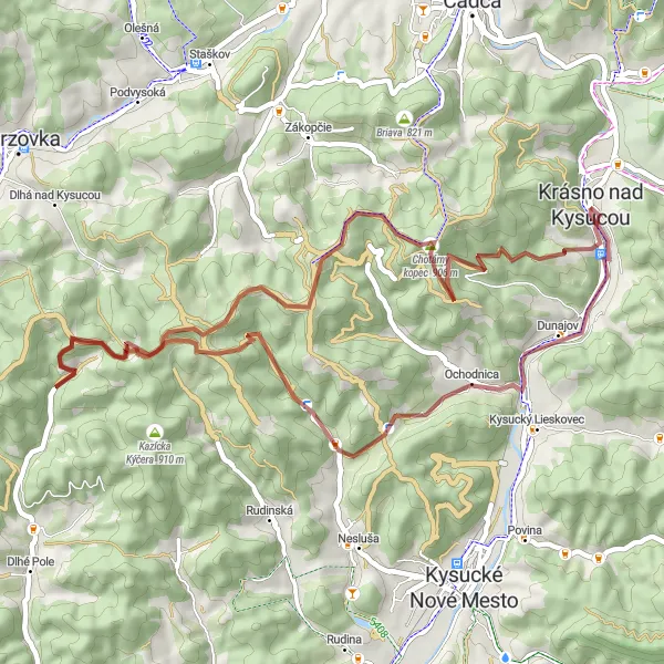 Mapa miniatúra "Gravel Krásno nad Kysucou - Rozhľadňa u Jantov" cyklistická inšpirácia v Stredné Slovensko, Slovakia. Vygenerované cyklistickým plánovačom trás Tarmacs.app