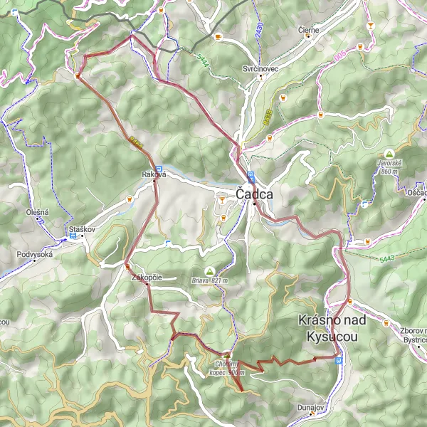 Mapa miniatúra "Podujatie na graviťáčku blízko Krásna nad Kysucou" cyklistická inšpirácia v Stredné Slovensko, Slovakia. Vygenerované cyklistickým plánovačom trás Tarmacs.app