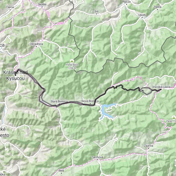 Map miniature of "Road route through Krásno nad Kysucou" cycling inspiration in Stredné Slovensko, Slovakia. Generated by Tarmacs.app cycling route planner