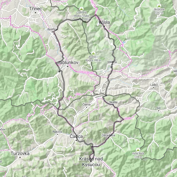 Miniaturní mapa "Trasa cez Jablunkovský prielom" inspirace pro cyklisty v oblasti Stredné Slovensko, Slovakia. Vytvořeno pomocí plánovače tras Tarmacs.app