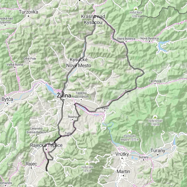 Miniatura mapy "Trasa z Krásna nad Kysucou" - trasy rowerowej w Stredné Slovensko, Slovakia. Wygenerowane przez planer tras rowerowych Tarmacs.app